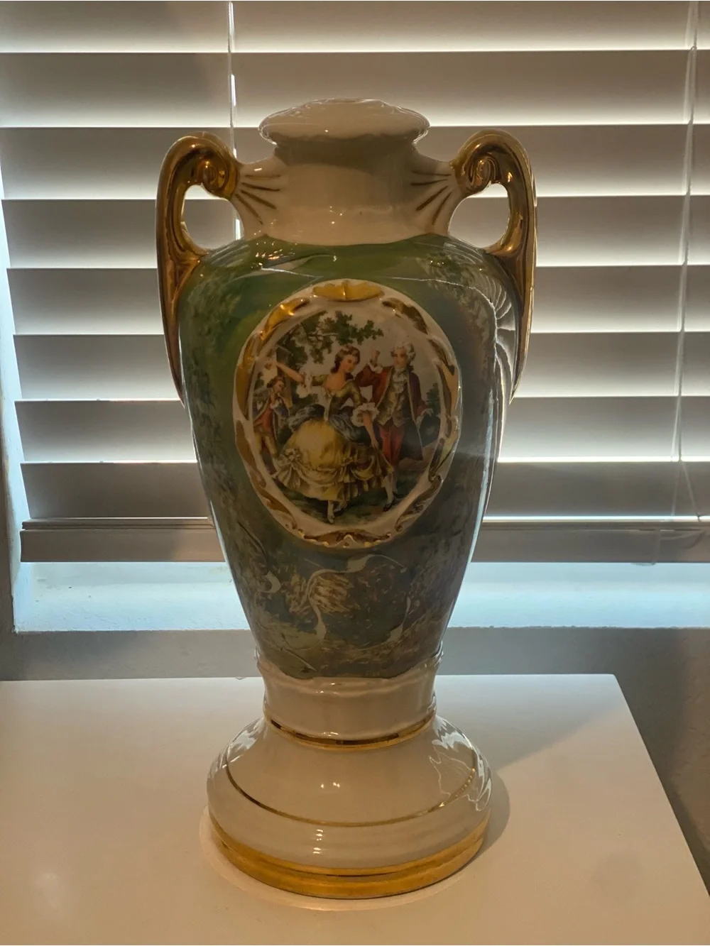 Vintage Green Hand Painted French Porcelain Table Lamp base with Gold Accents